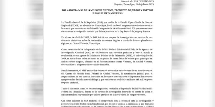 FGR interviene contra sorteos ilegales y recupera 14 millones de pesos e inmueble en Victoria